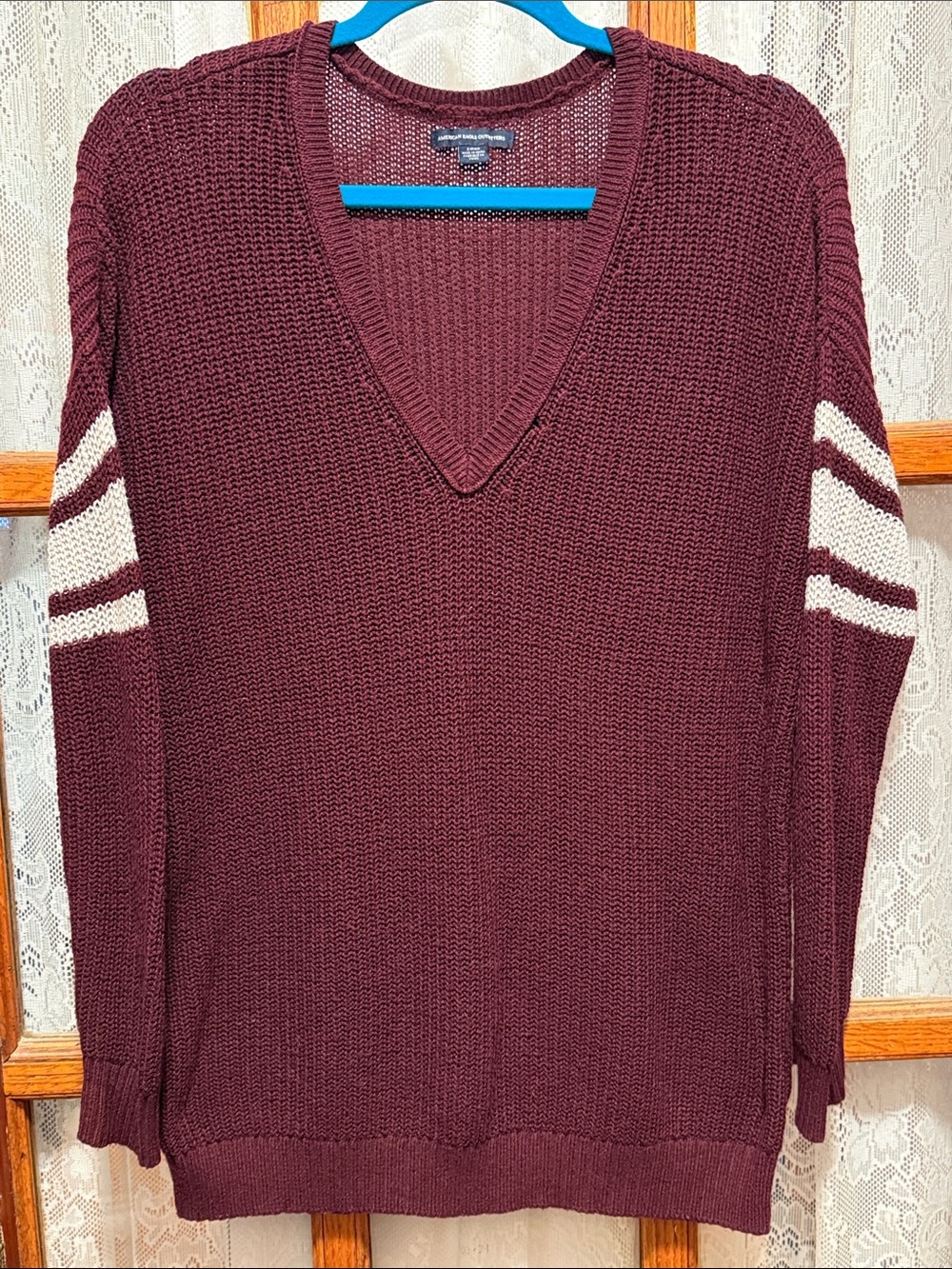 American Eagle Outfitters Burgundy V-Neck Sweater with Cream Sleeve Stripes